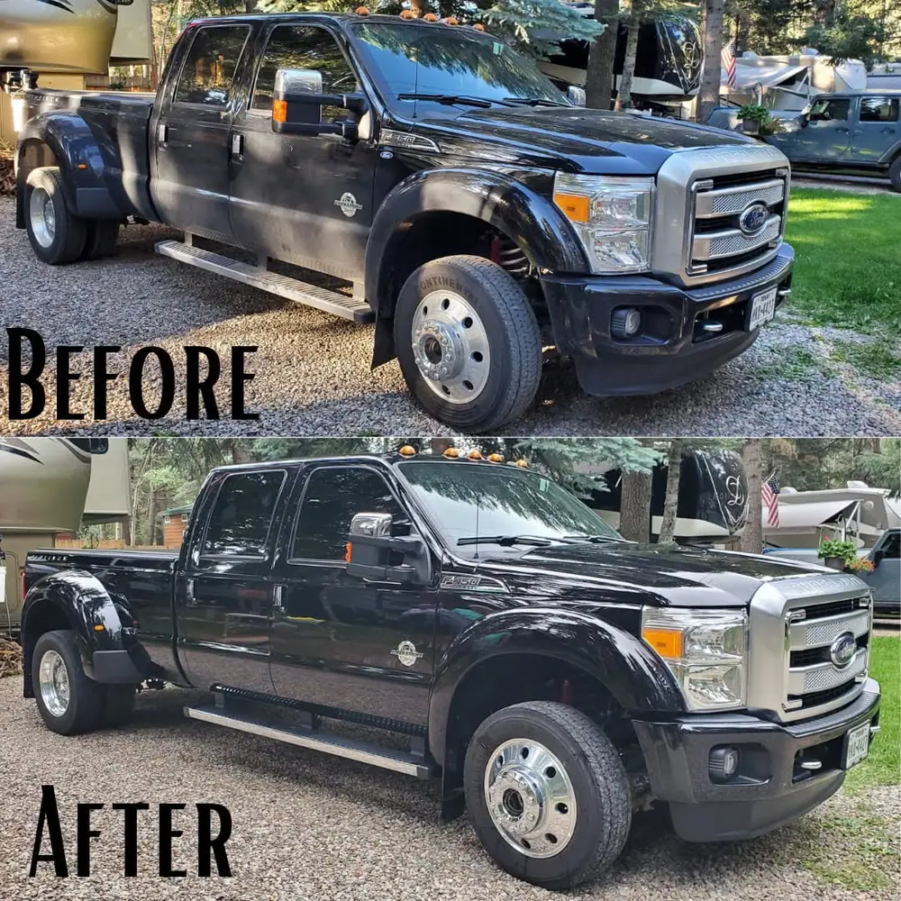 Before and after photos of a black Ford F-350 dually: dull and dusty before, glossy after