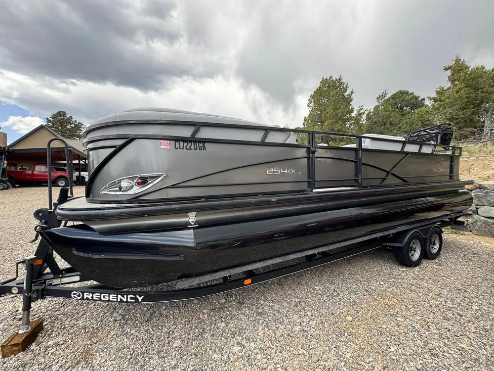 Black Regency pontoon boat on its trailer after detailing