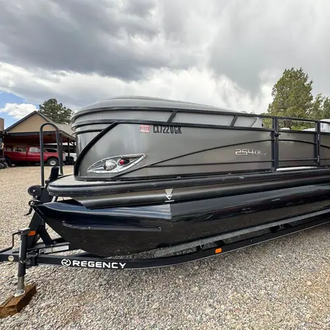 Black Regency pontoon boat on its trailer after detailing